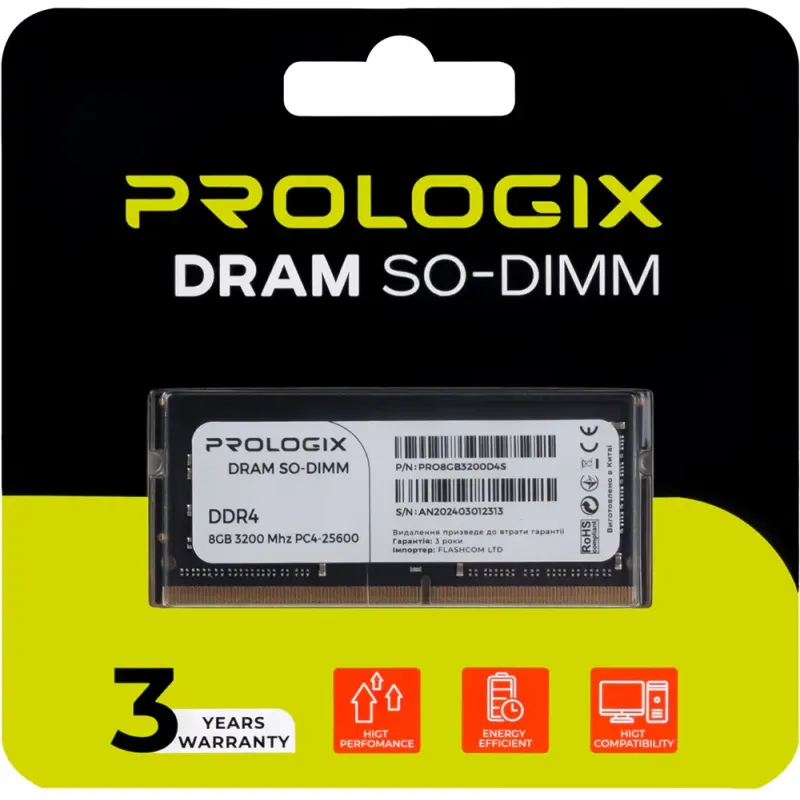 Оперативная память Prologix 8 GB SO-DIMM DDR4 3200 MHz (PRO8GB3200D4S)